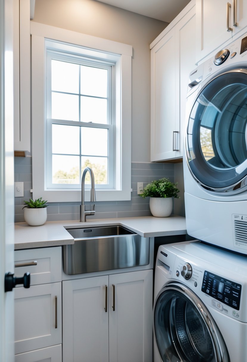 A small laundry room with a compact stainless steel sink next to a washing machine and dryer, featuring white cabinets and natural light.