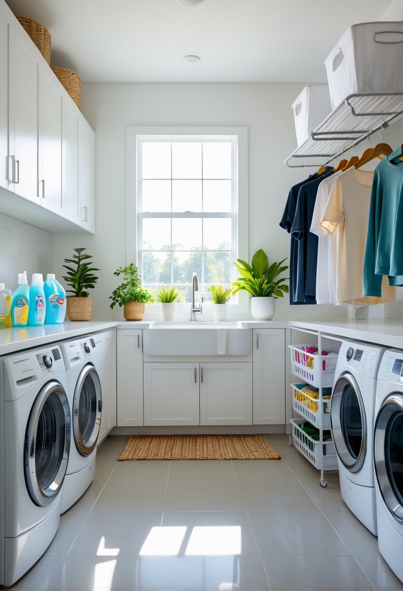 A clean and organized laundry room with separate areas for washing, drying, folding, and sorting clothes.