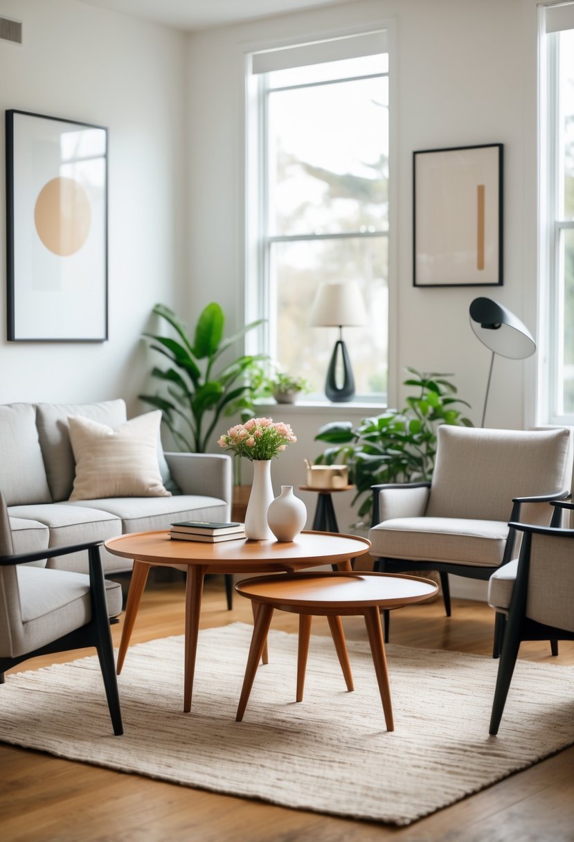 A small living room with round wooden coffee tables, a sofa, armchairs, plants, and natural light coming through large windows.