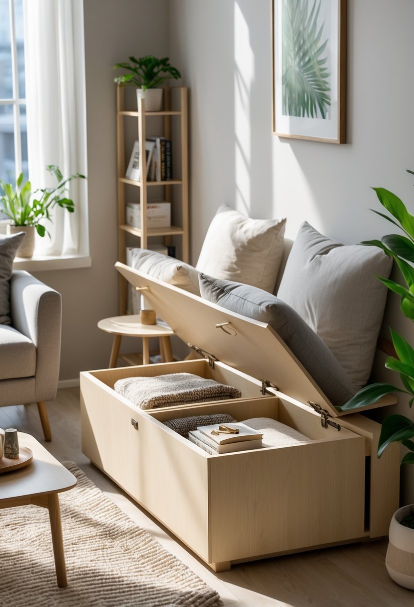 Small living room with a multifunctional storage bench open to show organized storage compartments, surrounded by other space-saving furniture.