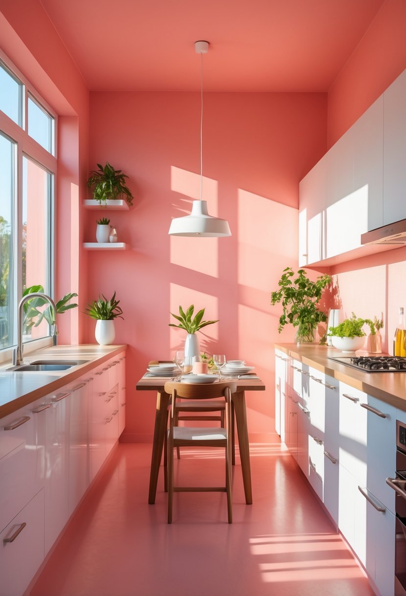 A kitchen and dining area with coral pink walls, white cabinets, a wooden dining table, and green plants.