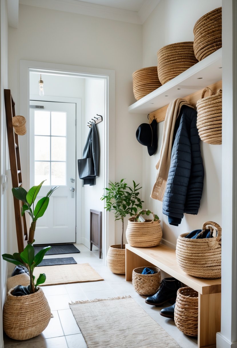 Small entryway with decorative baskets on shelves and bench holding various items, a coat rack with jackets, and a potted plant.