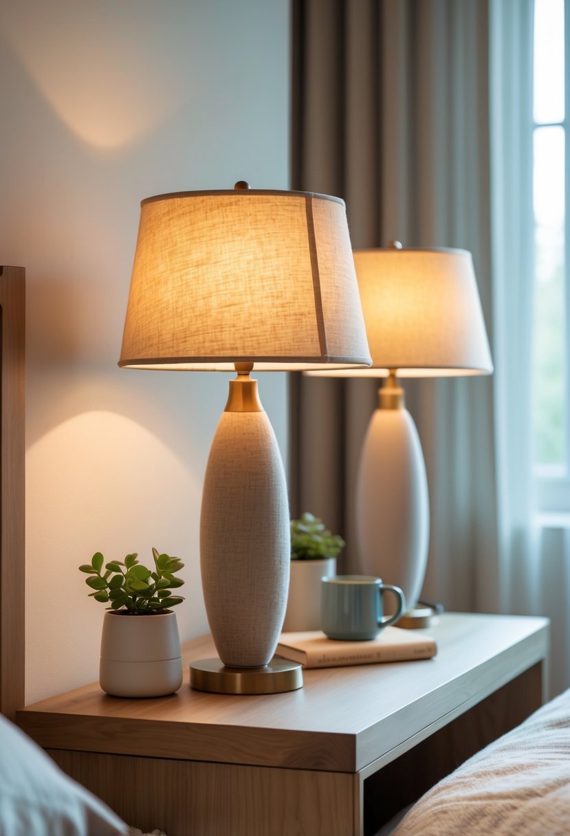 A bedside table with two lamps emitting warm light next to a neatly made bed.