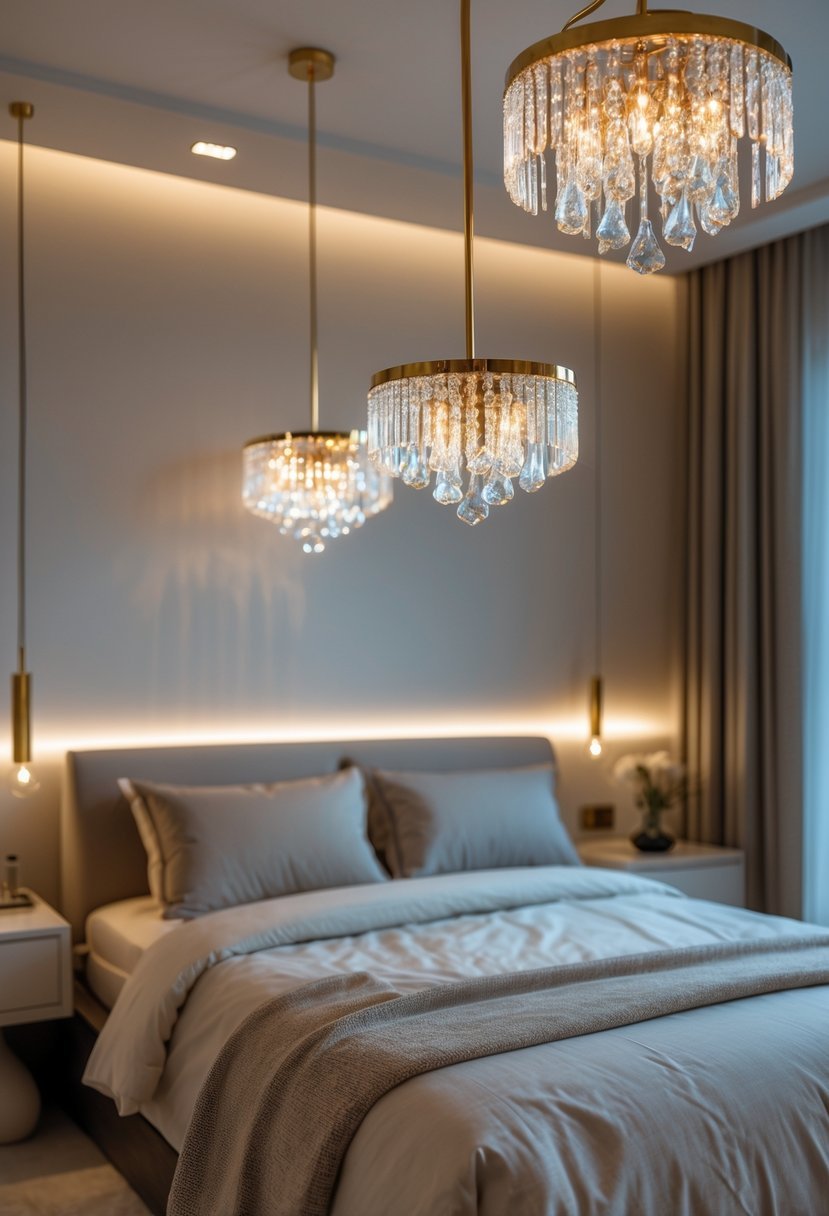 A bedroom with small crystal chandeliers hanging from the ceiling, illuminating a neatly arranged bed and nightstands.