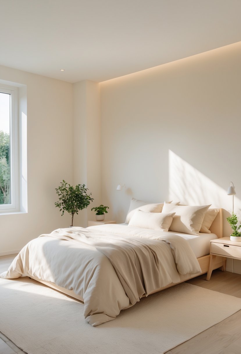 A bright bedroom with creamy white walls, a large window, a neatly made bed, and light wood furniture.