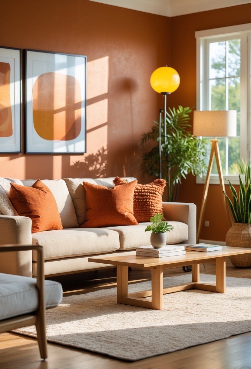 Living room with warm terracotta-colored walls, a beige sofa, wooden coffee table, and indoor plants.