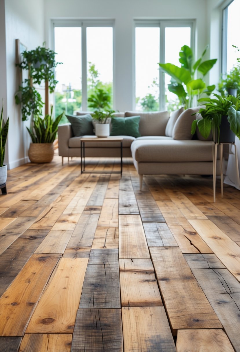 A bright living room with wooden floors, a sofa, coffee table, and indoor plants.