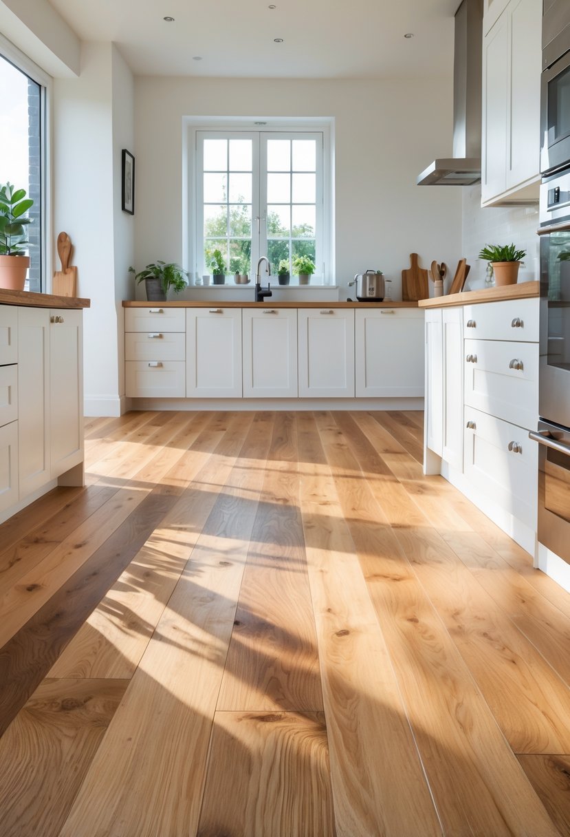 A modern kitchen with classic oak hardwood flooring, white cabinets, and stainless steel appliances illuminated by natural light.