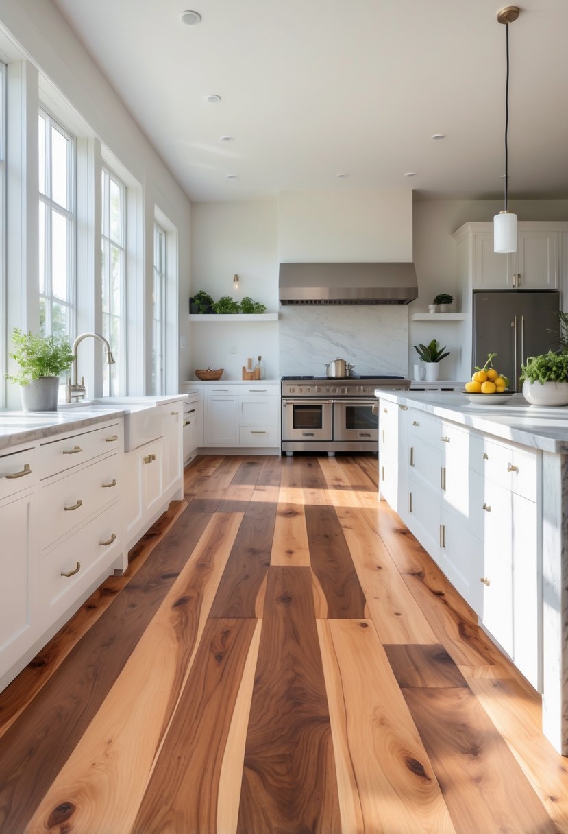 A modern kitchen with wide plank hickory wooden flooring, white cabinets, and a kitchen island under natural light.
