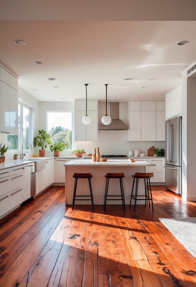 A bright kitchen with white cabinets, stainless steel appliances, and a large island, featuring reddish-brown wooden flooring with visible texture.