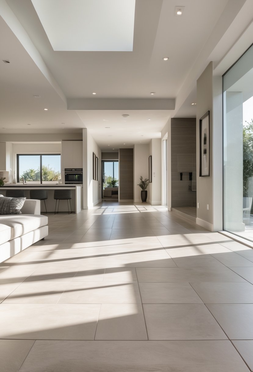 A modern home interior showing different ceramic floor tiles in living room, kitchen, hallway, and bathroom areas.