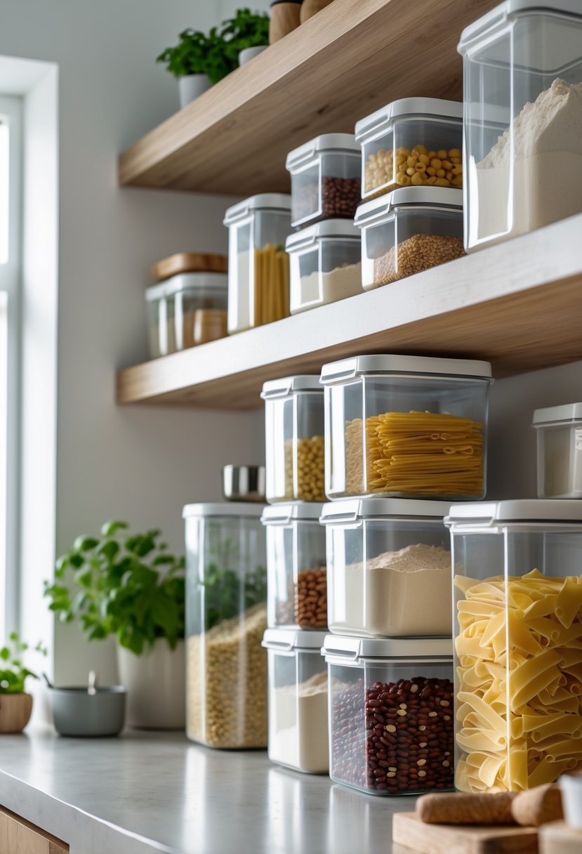 Stackable airtight pantry containers filled with dry goods neatly arranged on kitchen shelves in a clean and organized kitchen.